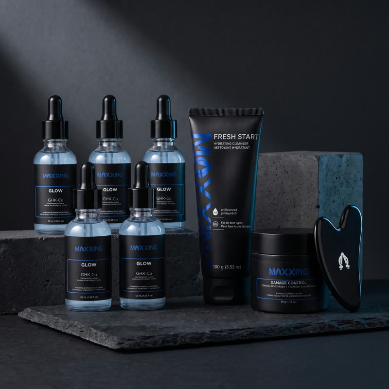 Five Glow bottles with free gua sha tool, moisturizer and cleanser