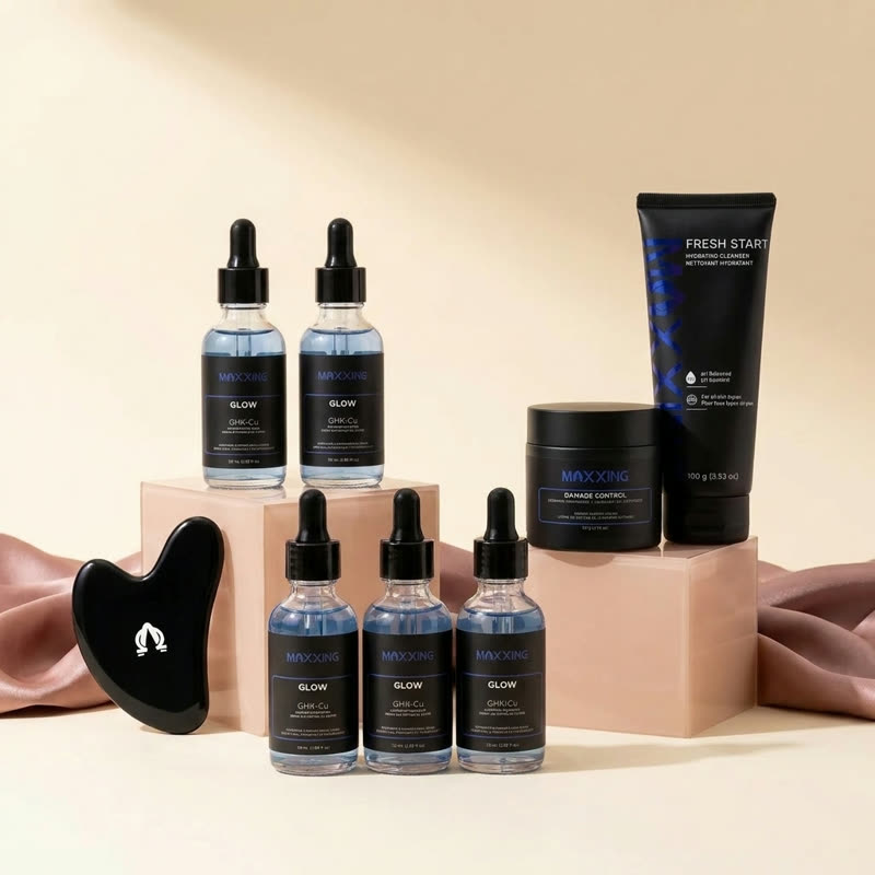 Five Glow bottles with the free Welcome Kit: gua sha, cleanser and moisturizer